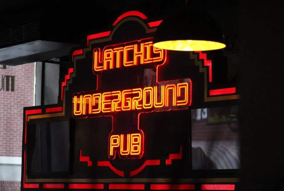 Latchis Underground Pub black and red neon exterior sign