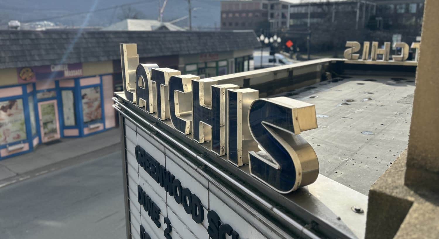 Close up view of exterior Latchis theater marquee