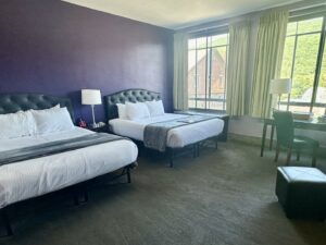 Bedroom with dark purple accent wall, gray carpeting, two beds each with black leather headboard and white bedding, and desk with chair