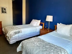 Bedroom with dark blue accent wall, gray carpeting, two beds each with wooden headboard and light blue bedding, nightstand with lamp, and wooden dresser