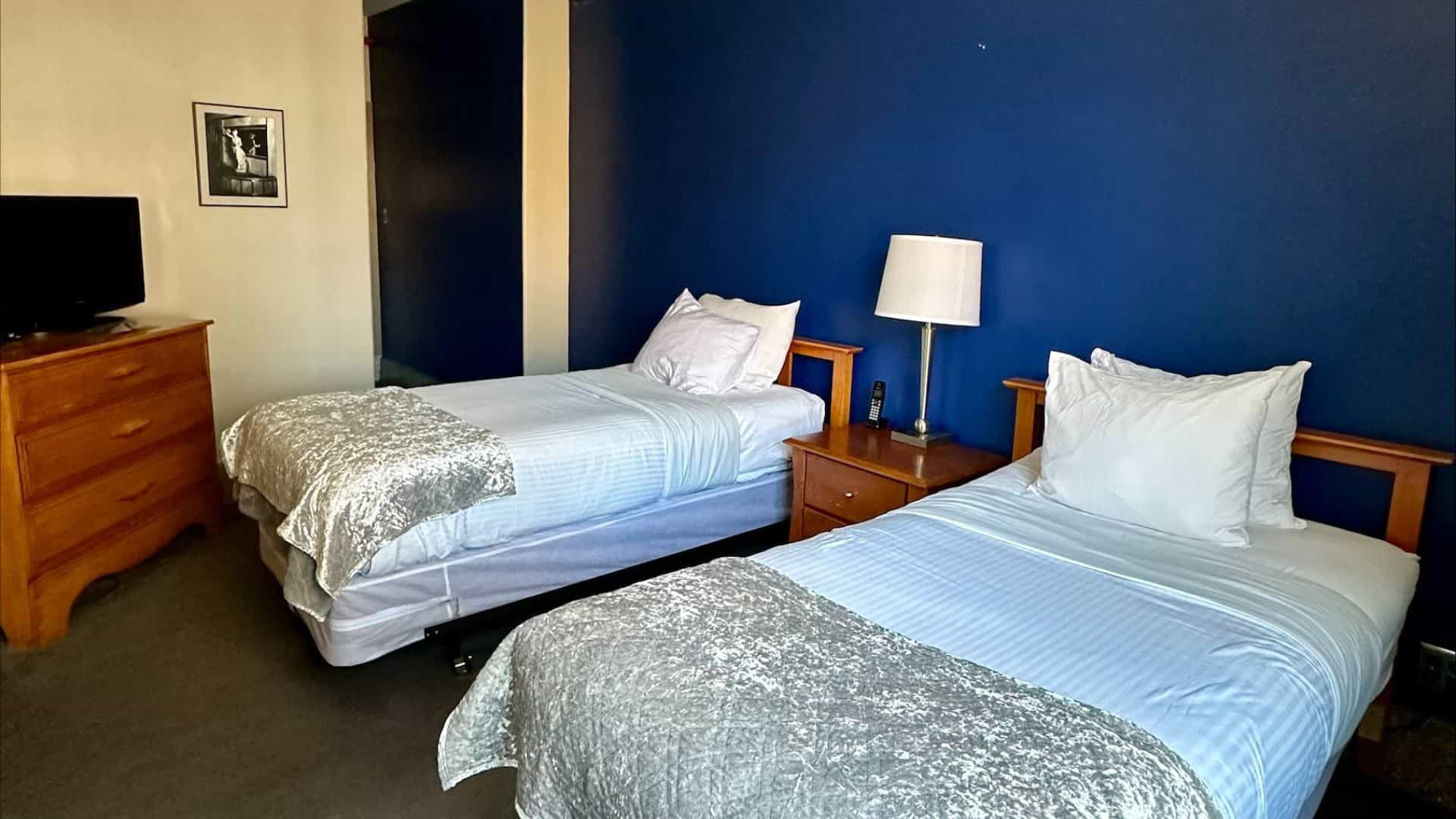 Bedroom with dark blue accent wall, gray carpeting, two beds each with wooden headboard and light blue bedding, nightstand with lamp, and wooden dresser