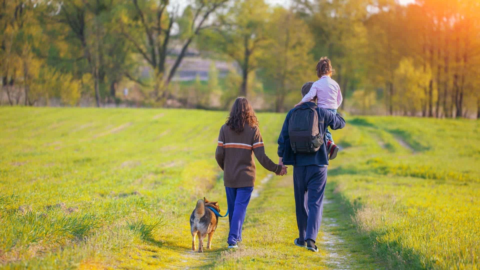 a family walks on a path with their dog as the sun is setting