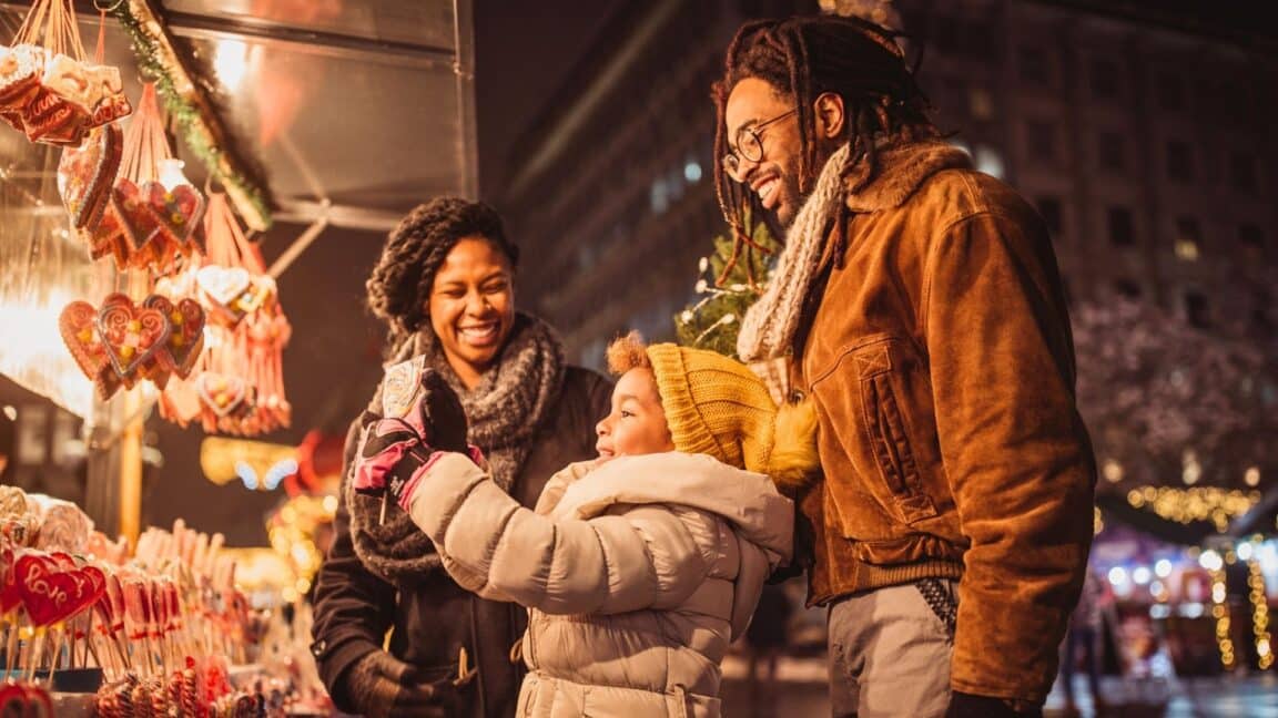 family holiday shopping at night in downtown