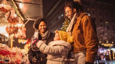 family holiday shopping at night in downtown