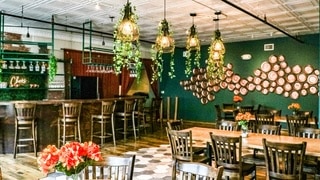 A restaurant with green walls, checkered flooring, greenery hanging from the ceiling, wooden chairs and wooden tables.